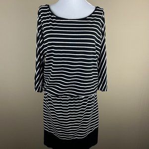WHBM Blouson Knit Dress Size M Black White, Stripes, 3/4 Sleeves